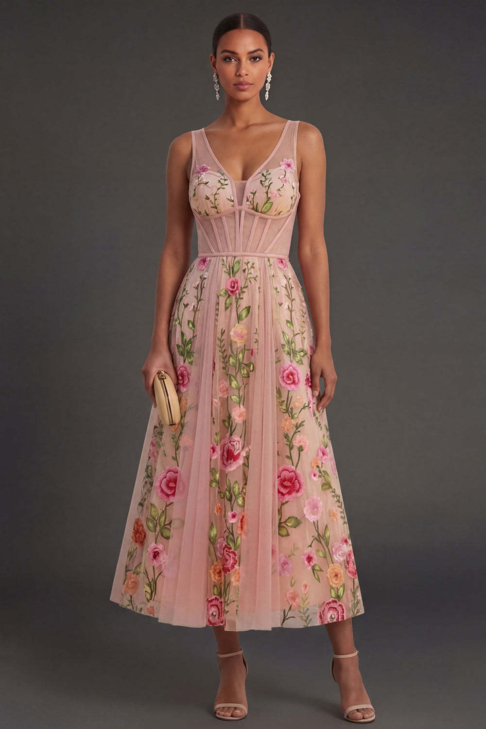 Leely Women Blush Floral A Line Corset Midi Wedding Guest Dress Backless Sleeveless Garden Party Dress