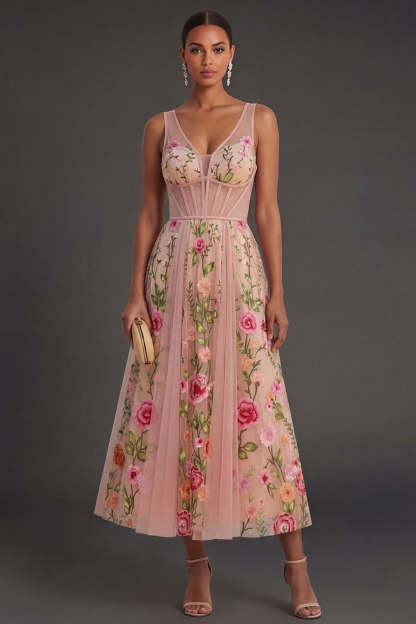 Leely Women Blush Floral A Line Corset Midi Wedding Guest Dress Backless Sleeveless Garden Party Dress