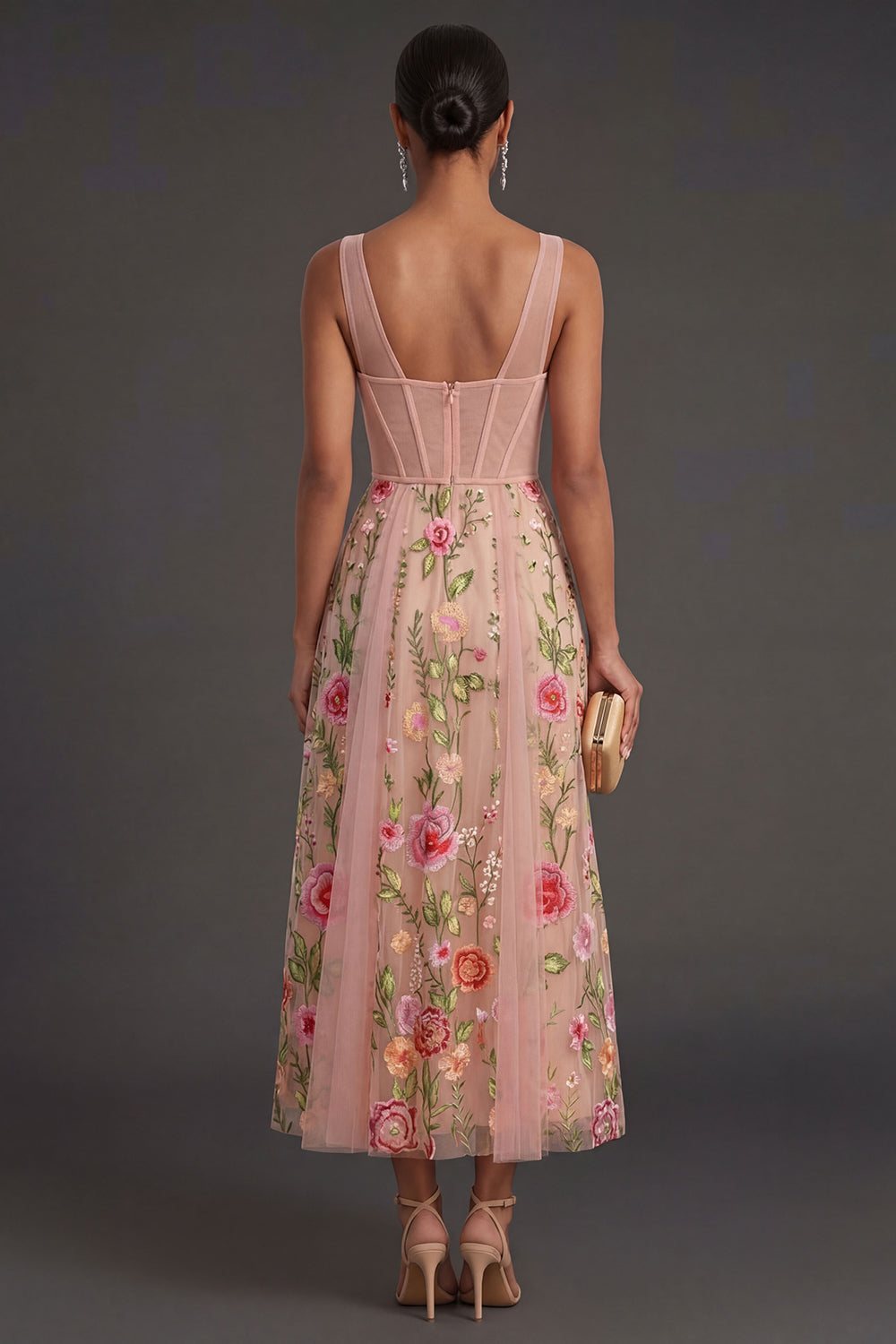 Blush Floral A Line Corset Midi Wedding Guest Dress