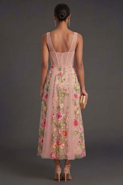 Blush Floral A Line Corset Midi Wedding Guest Dress