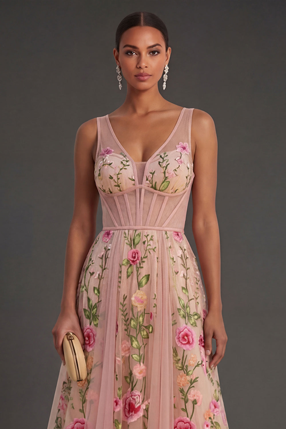 Blush Floral A Line Corset Midi Wedding Guest Dress