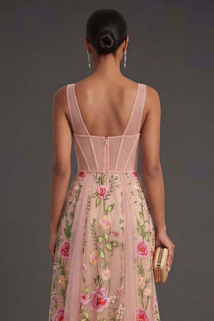 Blush Floral A Line Corset Midi Wedding Guest Dress