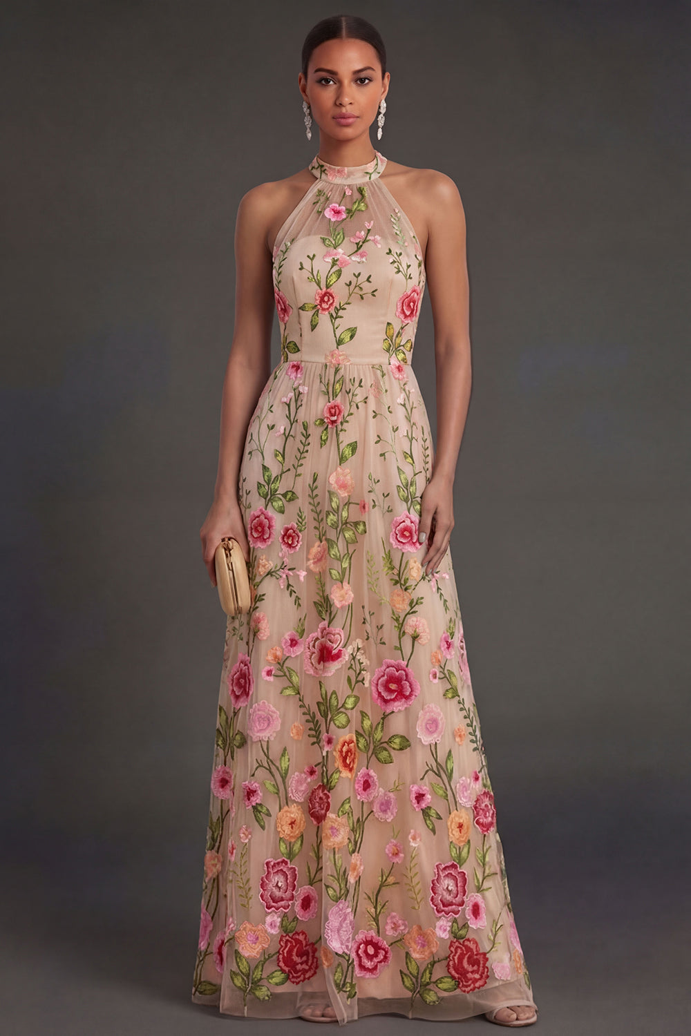 Leely Women Backless Blush Floral A Line Long Wedding Guest Dress Halter Neck Backless Sleeveless Garden Party Dress