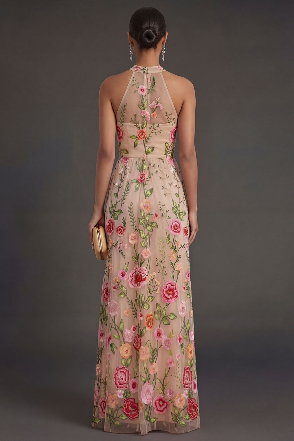 Backless Blush Floral A Line Long Wedding Guest Dress