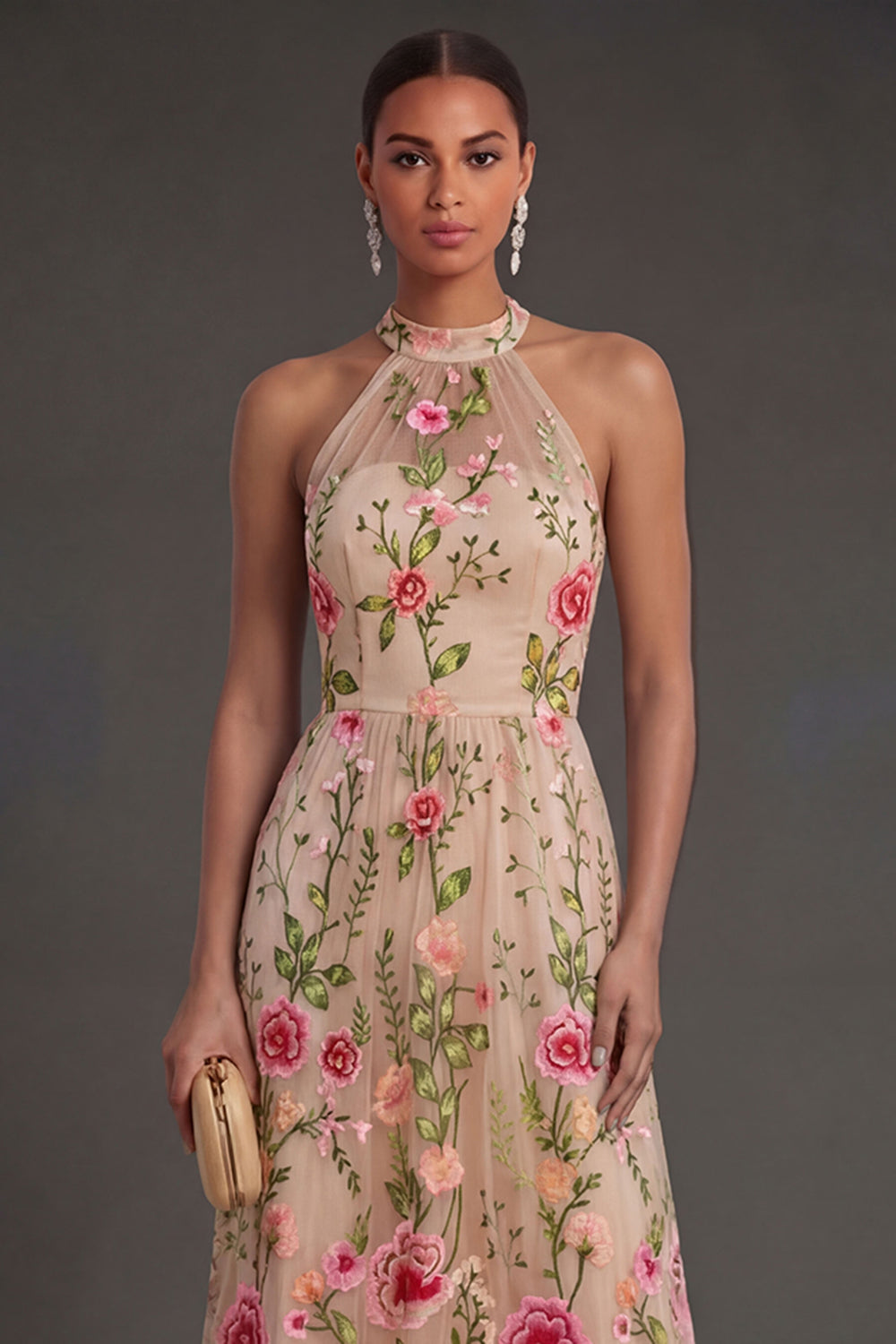 Backless Blush Floral A Line Long Wedding Guest Dress