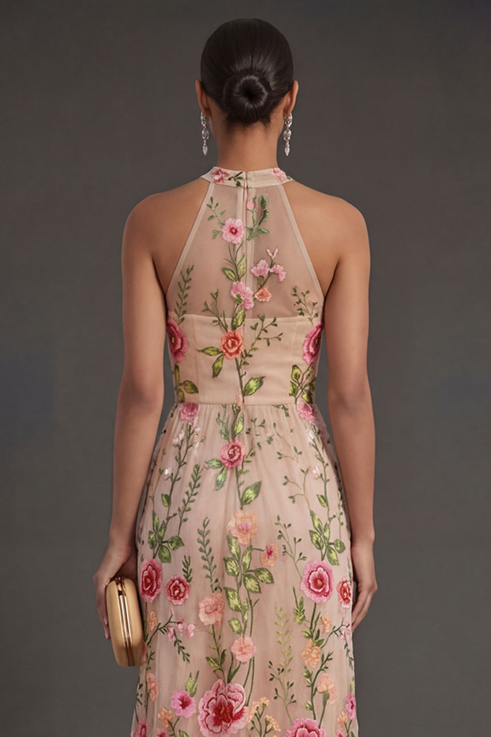 Backless Blush Floral A Line Long Wedding Guest Dress