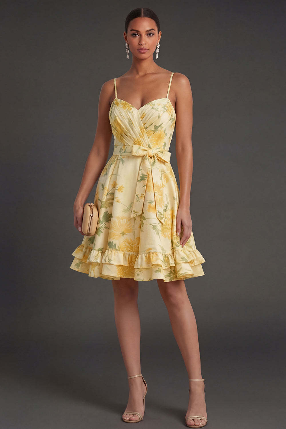 Leely Women Yellow Floral A Line Short Summer Wedding Guest Dress Spaghetti Straps Backless Garden Party Dress