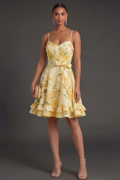 Leely Women Yellow Floral A Line Short Summer Wedding Guest Dress Spaghetti Straps Backless Garden Party Dress