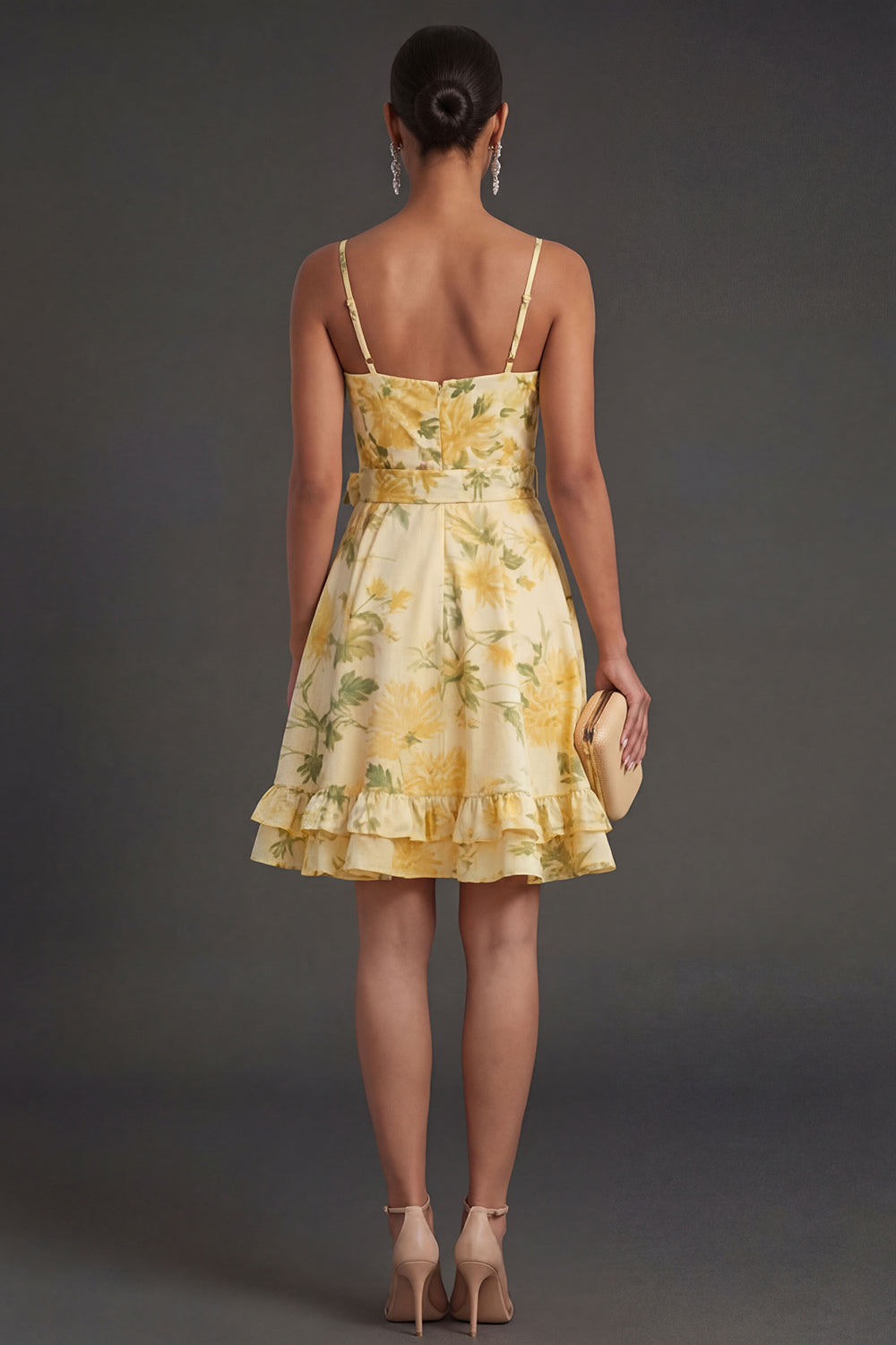 Yellow Floral A Line Short Summer Wedding Guest Dress