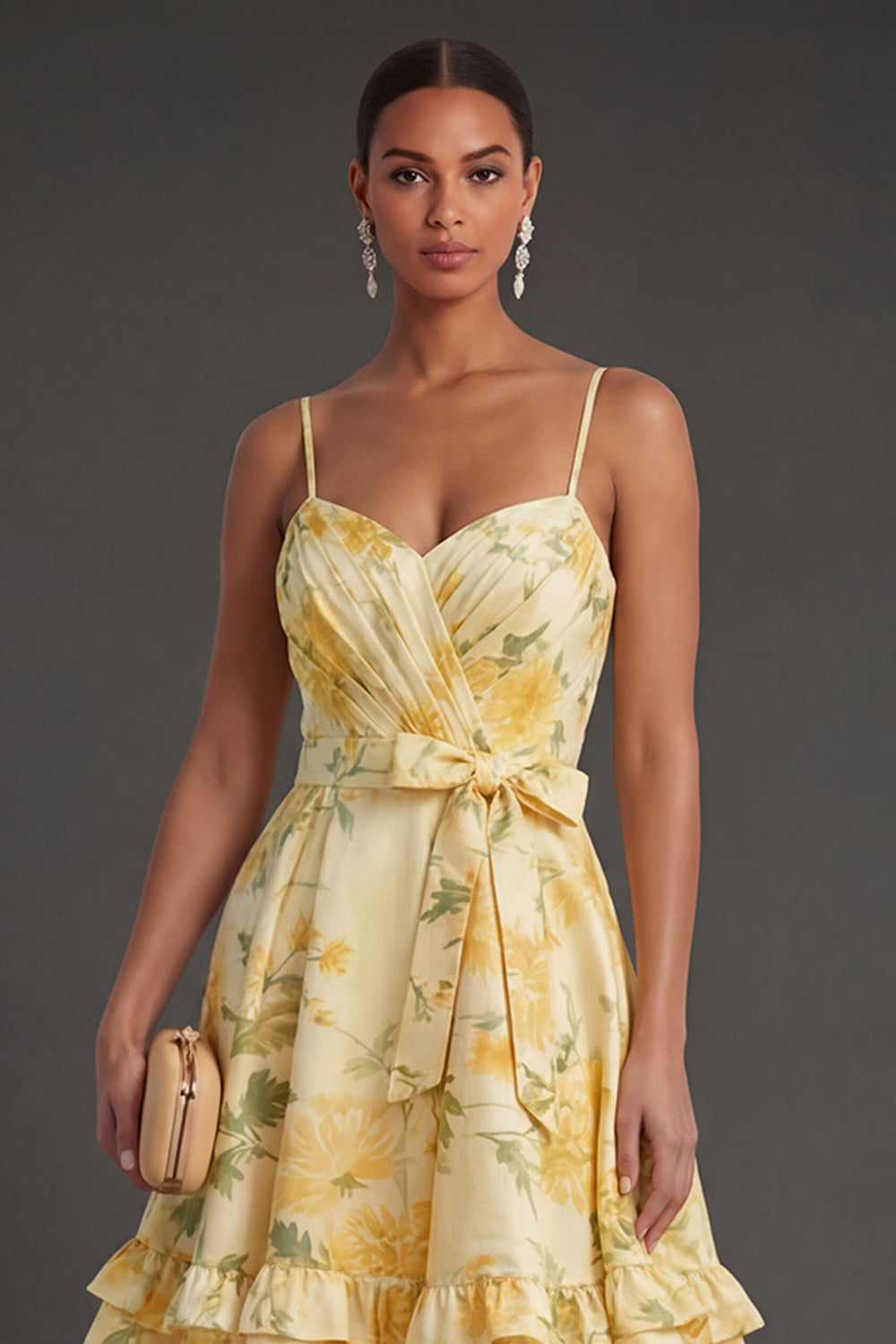 Yellow Floral A Line Short Summer Wedding Guest Dress