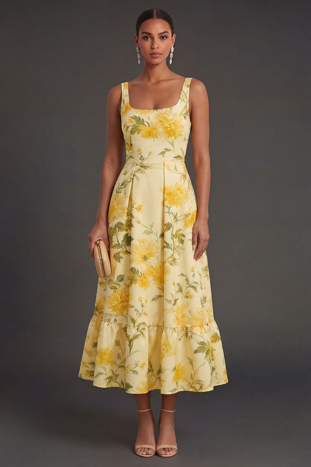 Leely Women A Line Yellow Floral Thick Straps Long Summer Wedding Guest Dress Backless Sleeveless Garden Party Dress