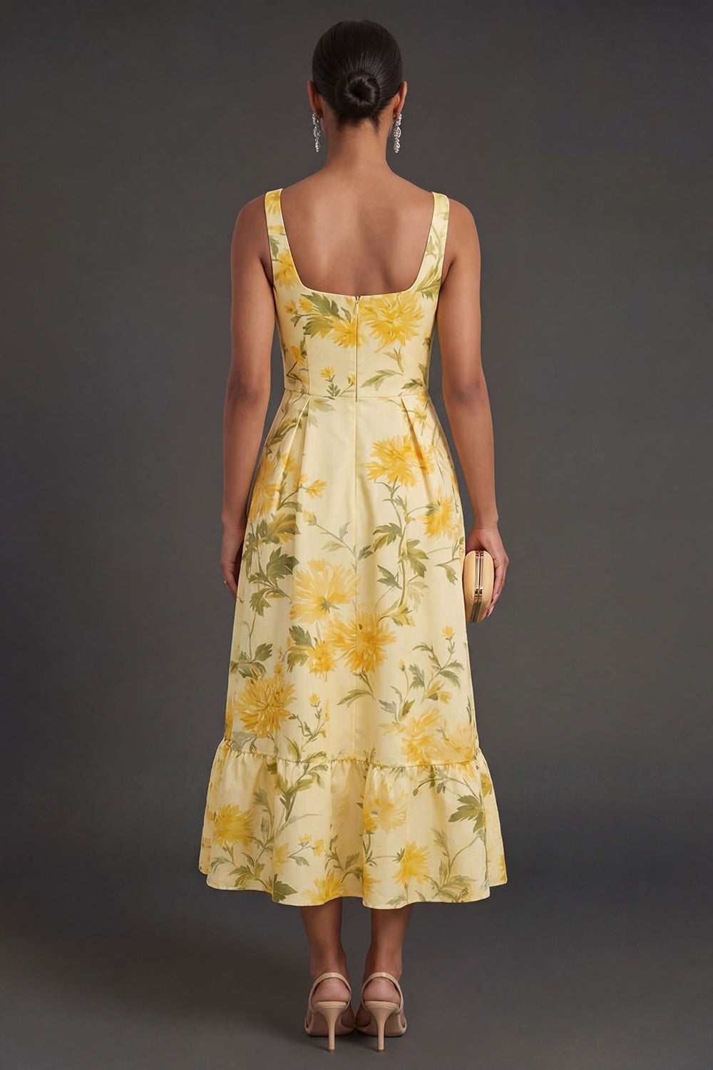 A Line Yellow Floral Thick Straps Long Summer Wedding Guest Dress