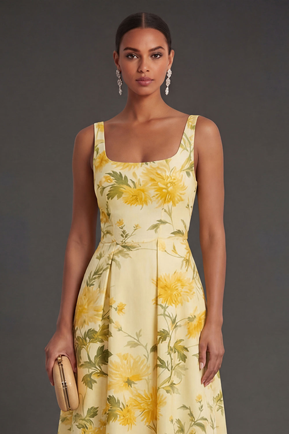 A Line Yellow Floral Thick Straps Long Summer Wedding Guest Dress