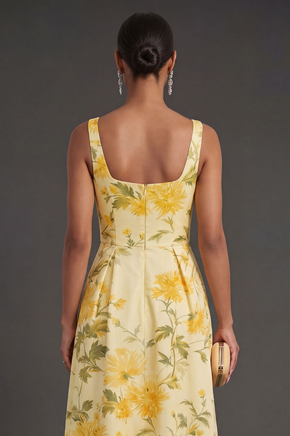 A Line Yellow Floral Thick Straps Long Summer Wedding Guest Dress