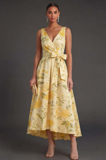 Leely Women A Line Yellow Floral High Low Wedding Guest Dress V Neck Sleeveless Backless Garden Party Dress