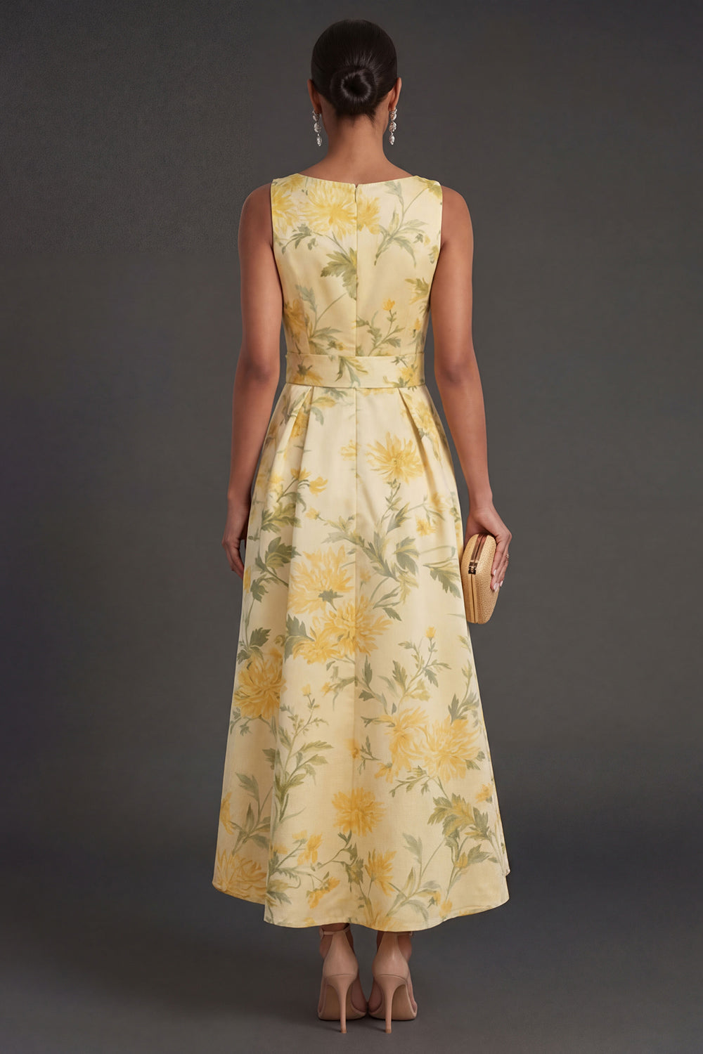 A Line Yellow Floral High Low Wedding Guest Dress