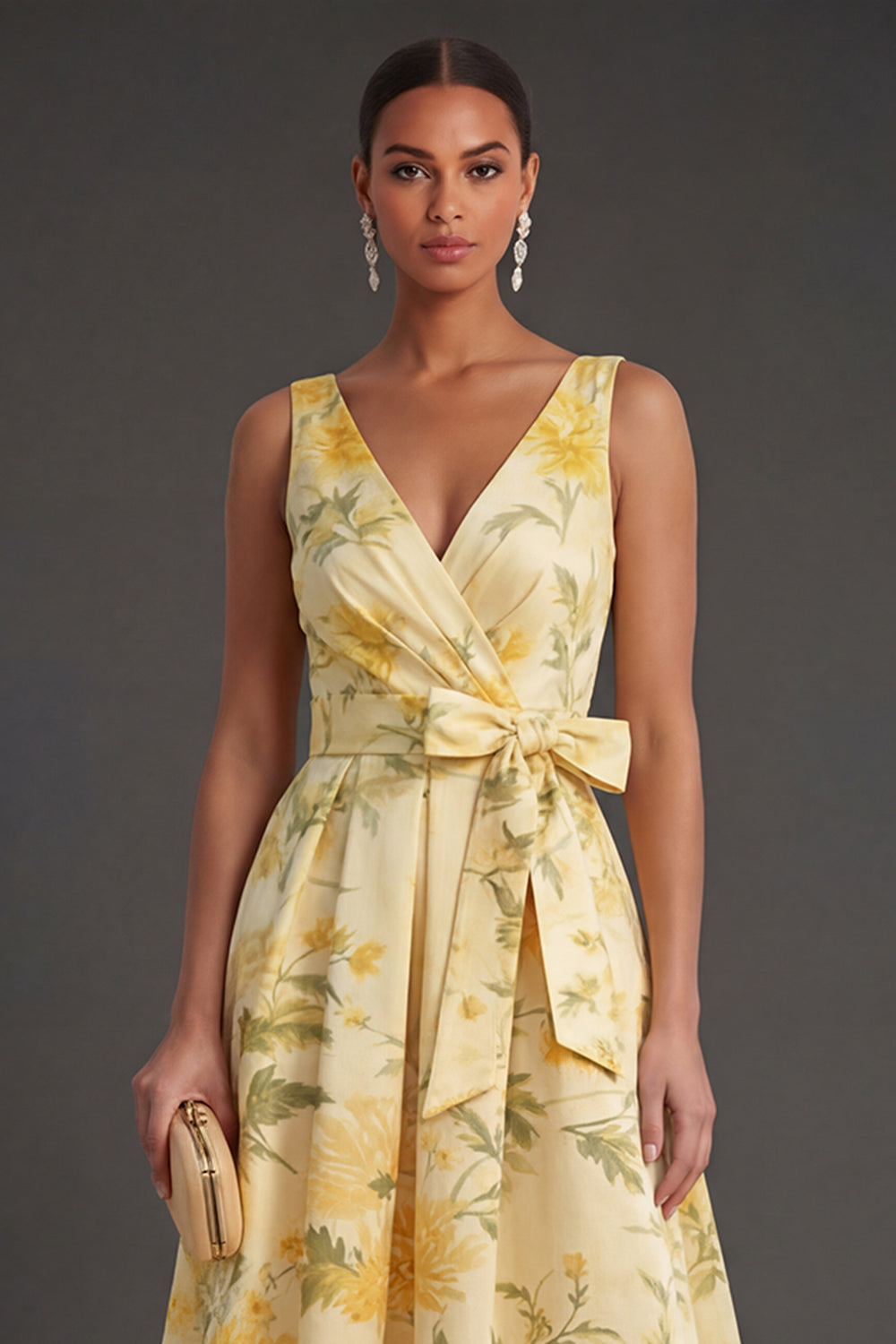 A Line Yellow Floral High Low Wedding Guest Dress