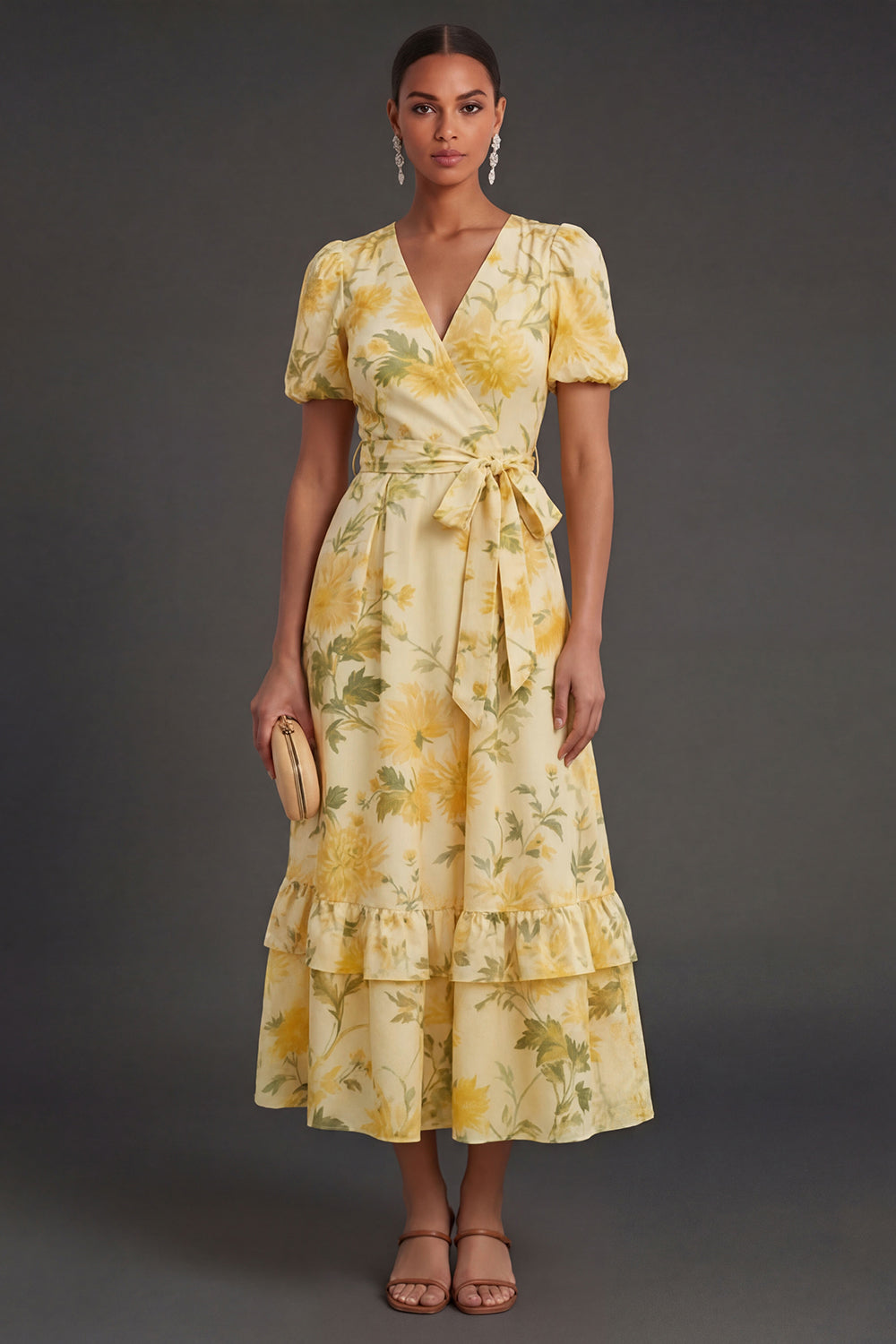 Yellow Floral A Line Tiered Long Wedding Guest Dress