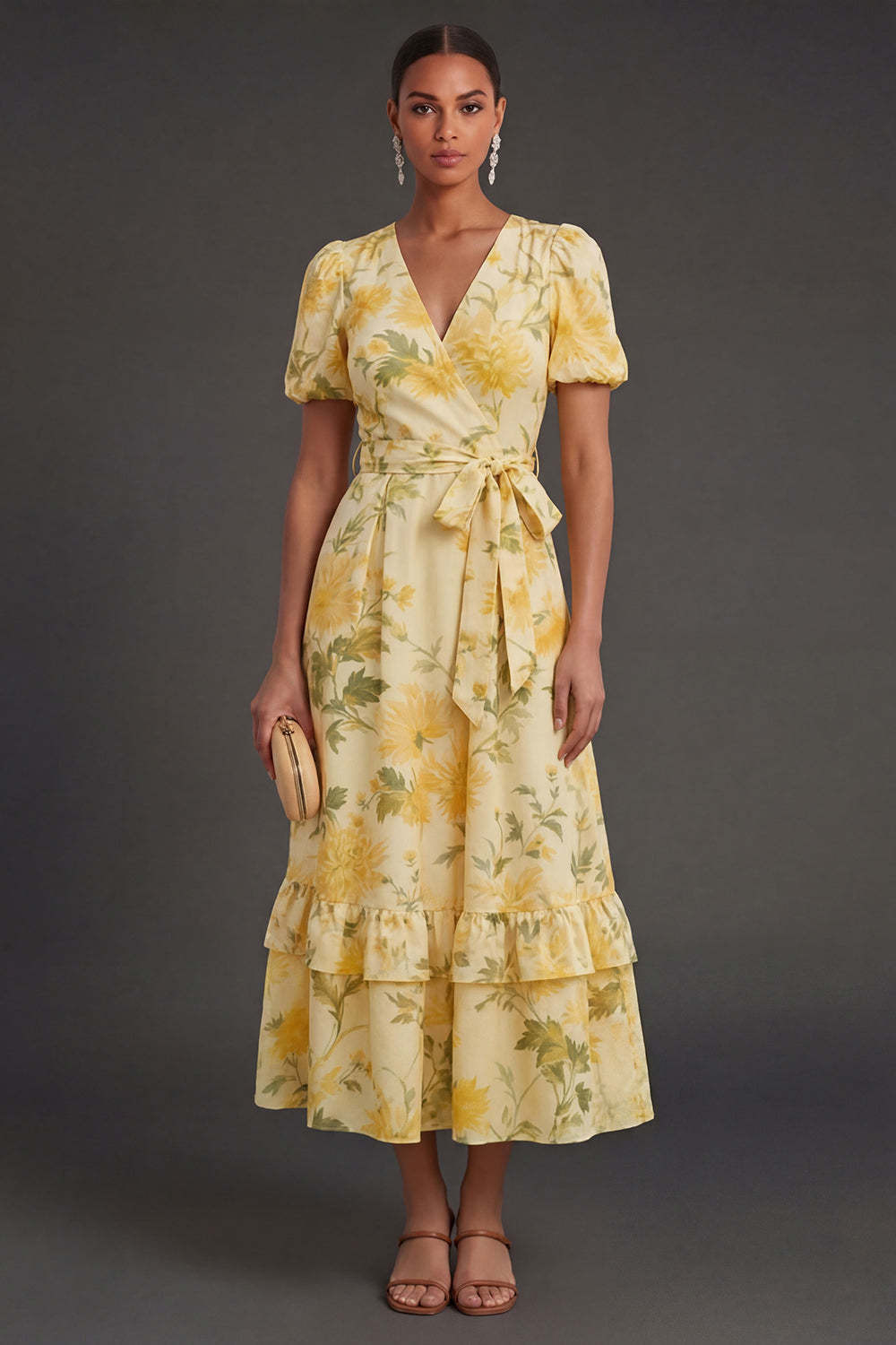Leely Women Yellow Floral A Line Tiered Long Wedding Guest Dress Puff Sleeves V Neck Garden Party Dress