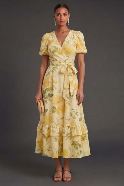 Leely Women Yellow Floral A Line Tiered Long Wedding Guest Dress Puff Sleeves V Neck Garden Party Dress