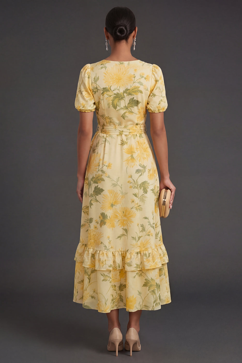 Yellow Floral A Line Tiered Long Wedding Guest Dress