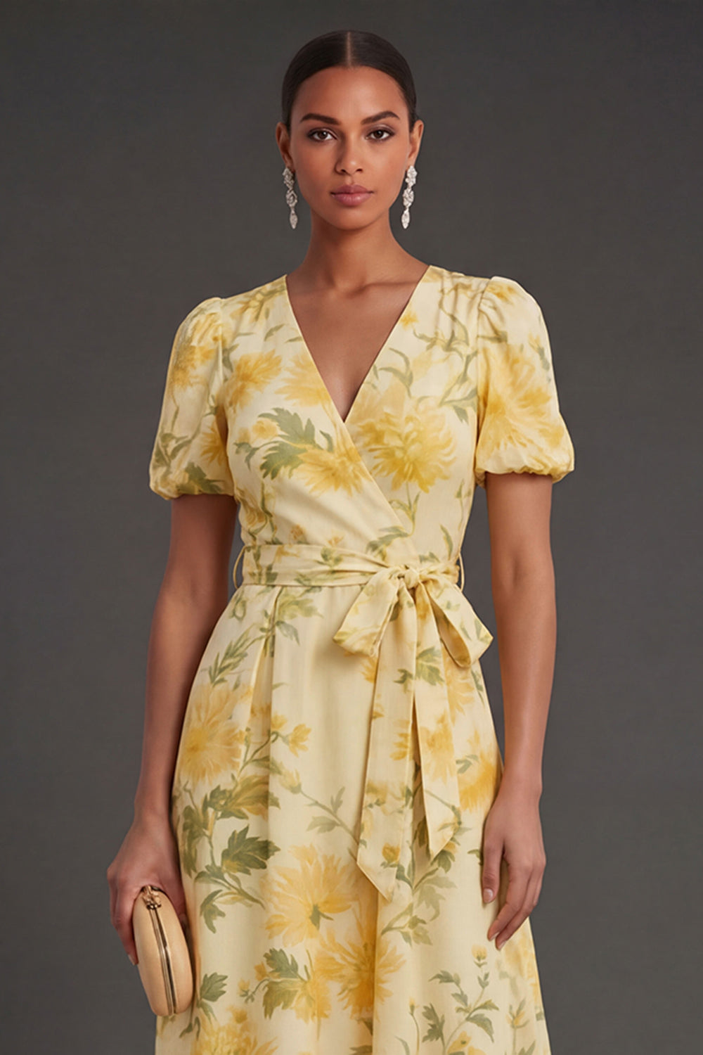 Yellow Floral A Line Tiered Long Wedding Guest Dress