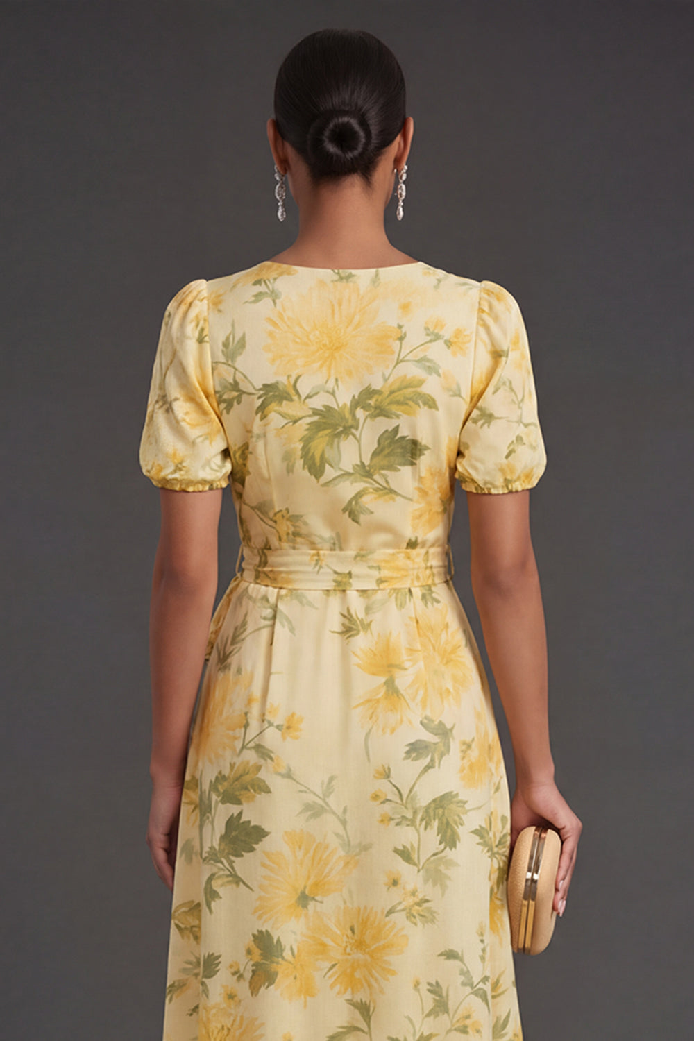 Yellow Floral A Line Tiered Long Wedding Guest Dress