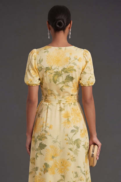Yellow Floral A Line Tiered Long Wedding Guest Dress