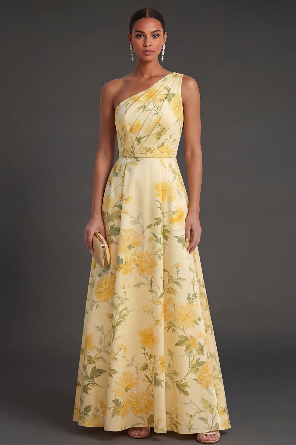 Leely Women Ruched Yellow Floral A Line Long Wedding Guest Dress One Shoulder Garden Party Dress