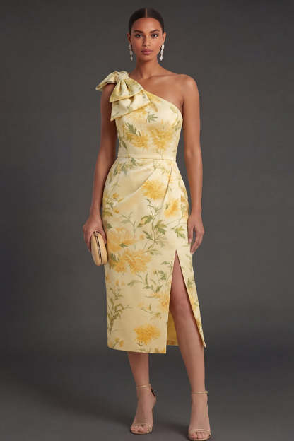 Leely Women One Shoulder Yellow Floral Midi Wedding Guest Dress with Slit Sheath Backless Garden Party Dress with Bow