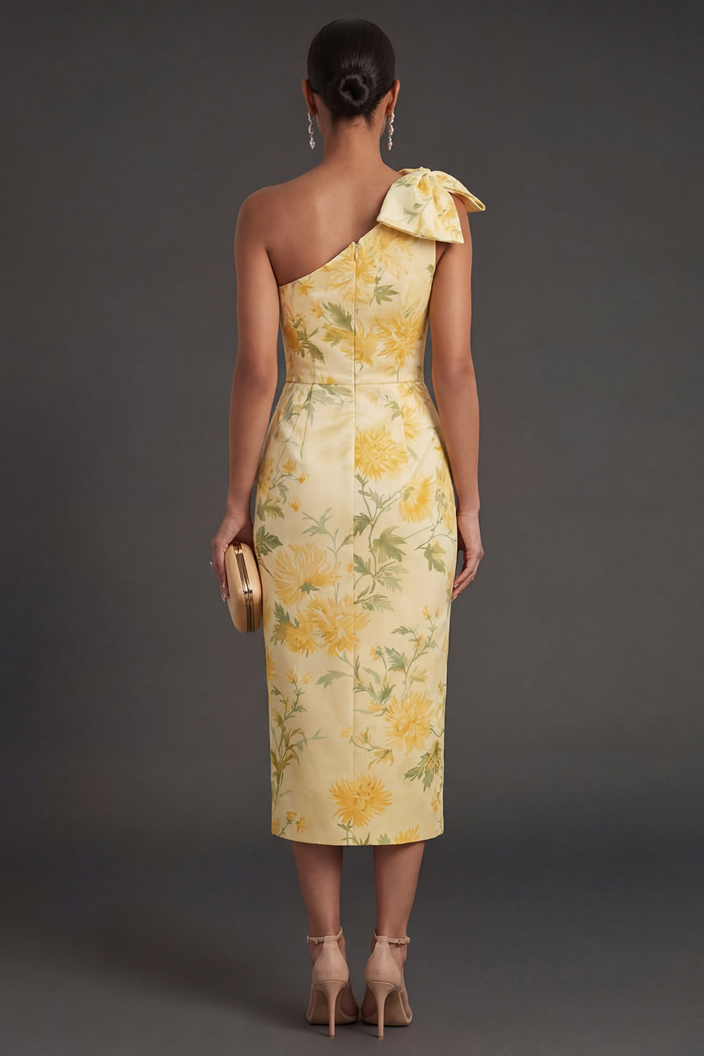 One Shoulder Yellow Floral Midi Wedding Guest Dress with Slit