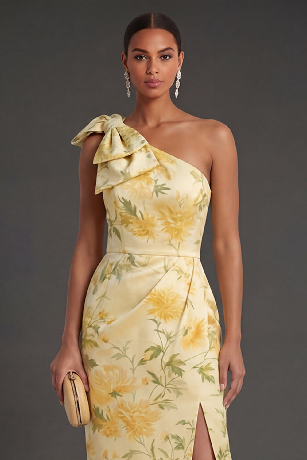 One Shoulder Yellow Floral Midi Wedding Guest Dress with Slit