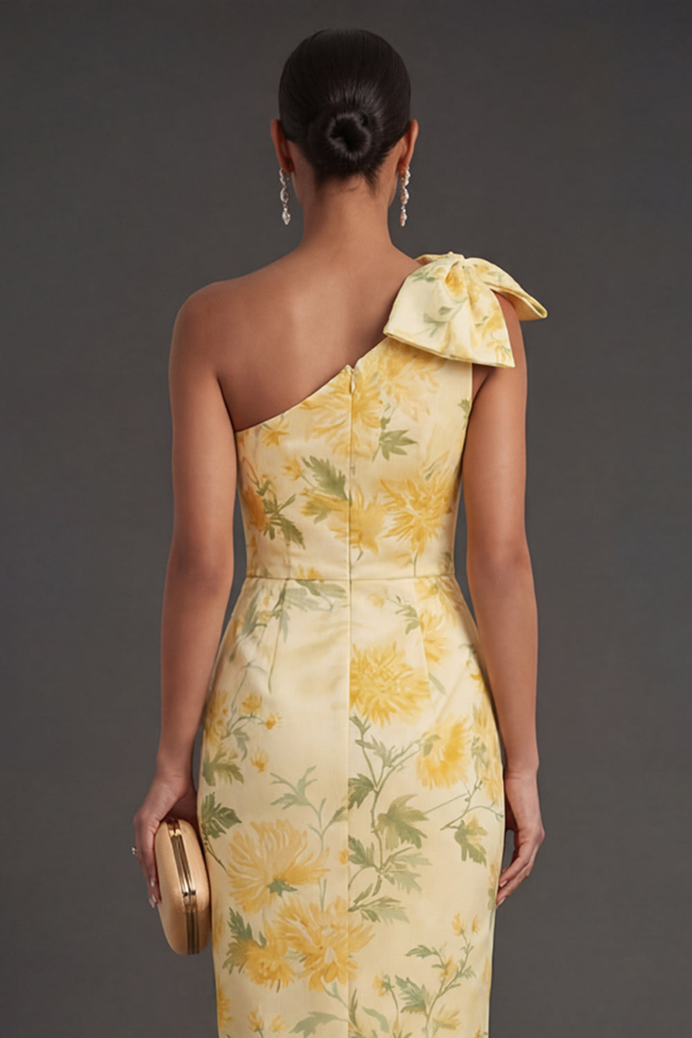 One Shoulder Yellow Floral Midi Wedding Guest Dress with Slit