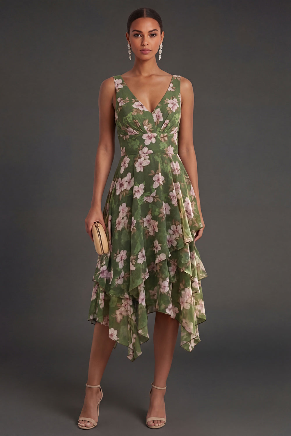 Dark Green A Line Ruffled Floral Midi Wedding Guest Dress