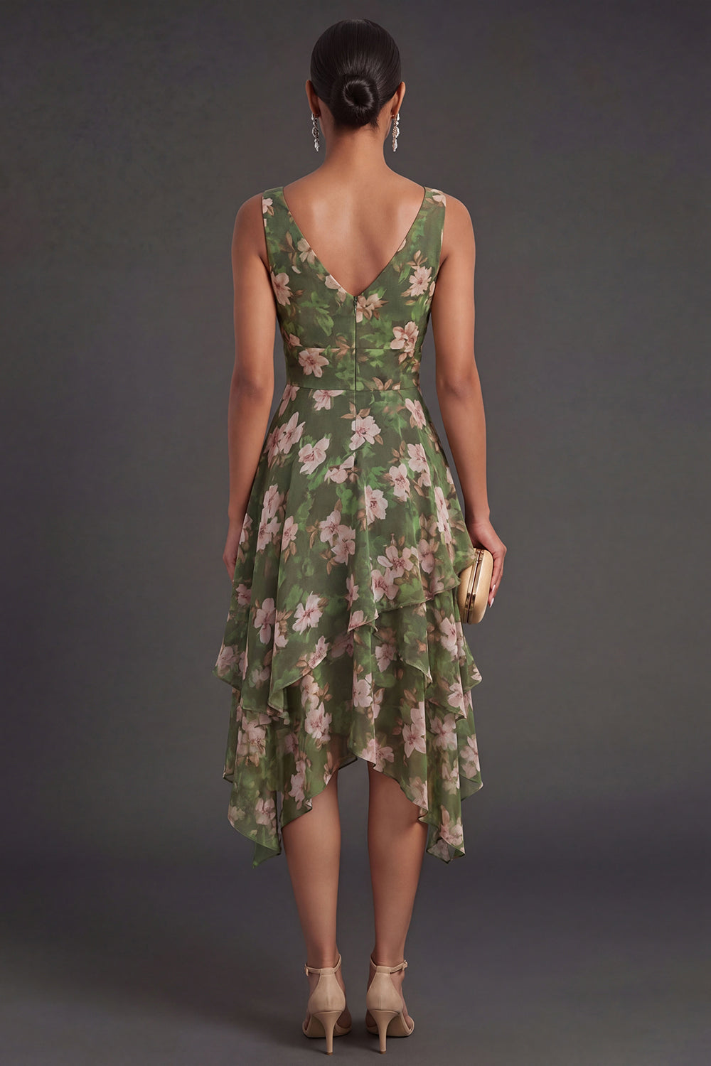Dark Green A Line Ruffled Floral Midi Wedding Guest Dress