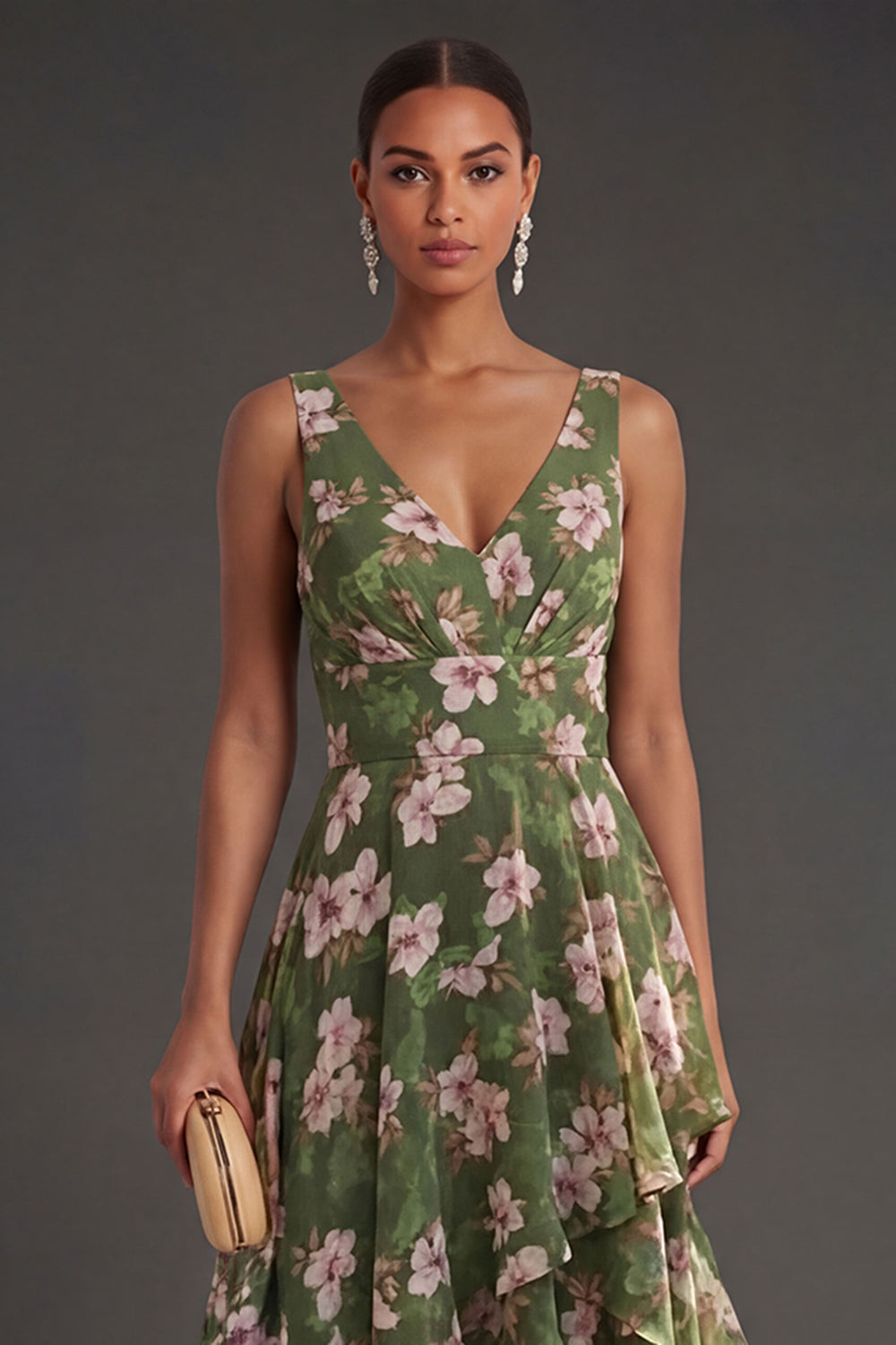 Dark Green A Line Ruffled Floral Midi Wedding Guest Dress
