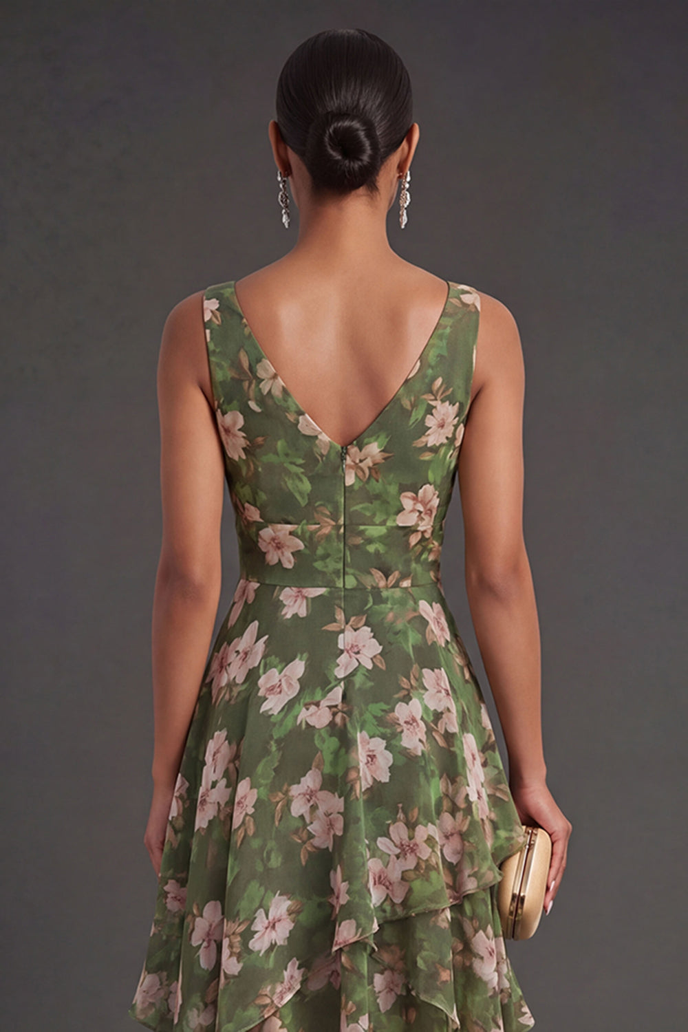 Dark Green A Line Ruffled Floral Midi Wedding Guest Dress