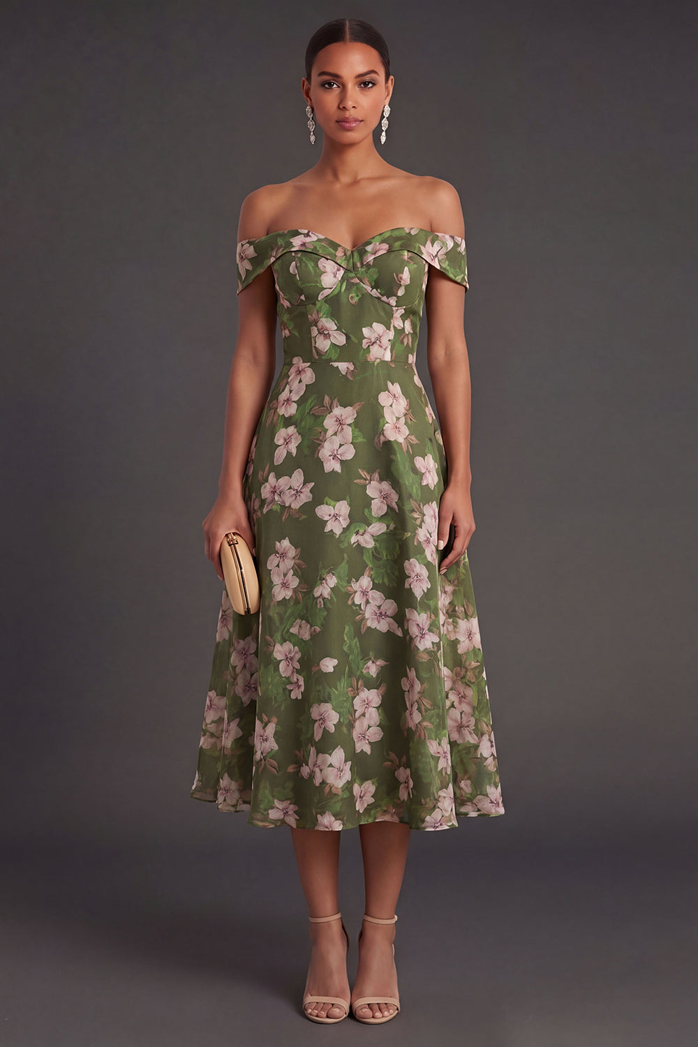 Leely Women Dark Green A Line Floral Midi Wedding Guest Dress Off the Shoulder Backless Sleeveless Garden Party Dress