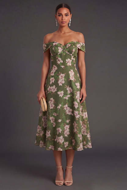 Leely Women Dark Green A Line Floral Midi Wedding Guest Dress Off the Shoulder Backless Sleeveless Garden Party Dress