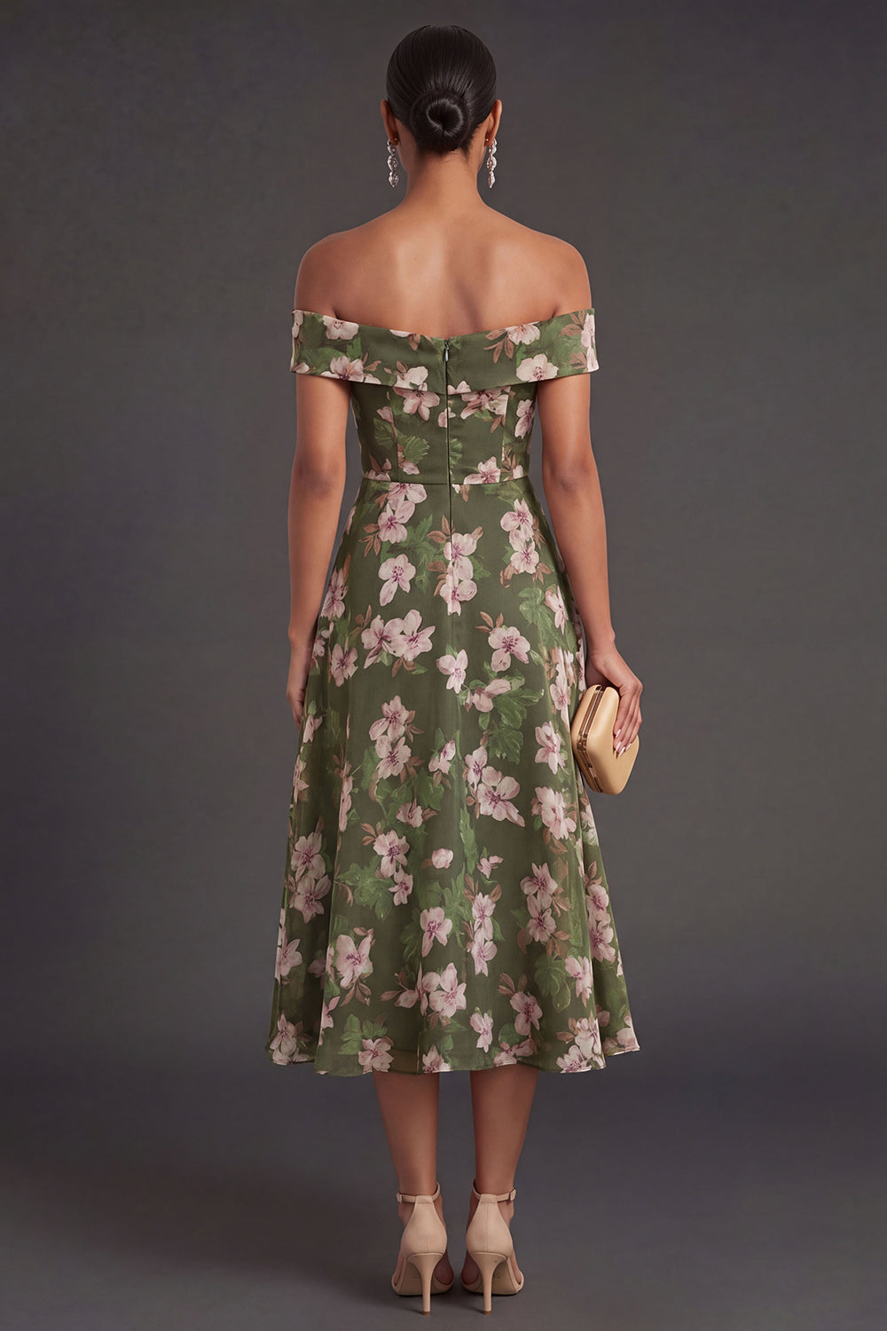 Dark Green A Line Floral Midi Wedding Guest Dress