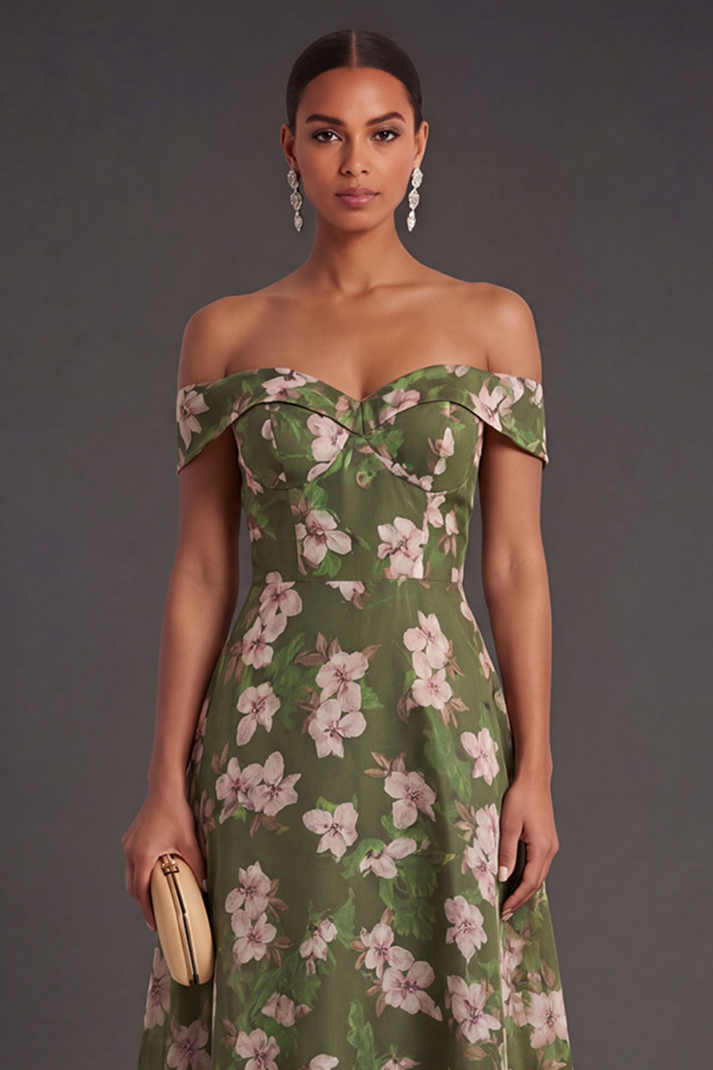 Dark Green A Line Floral Midi Wedding Guest Dress