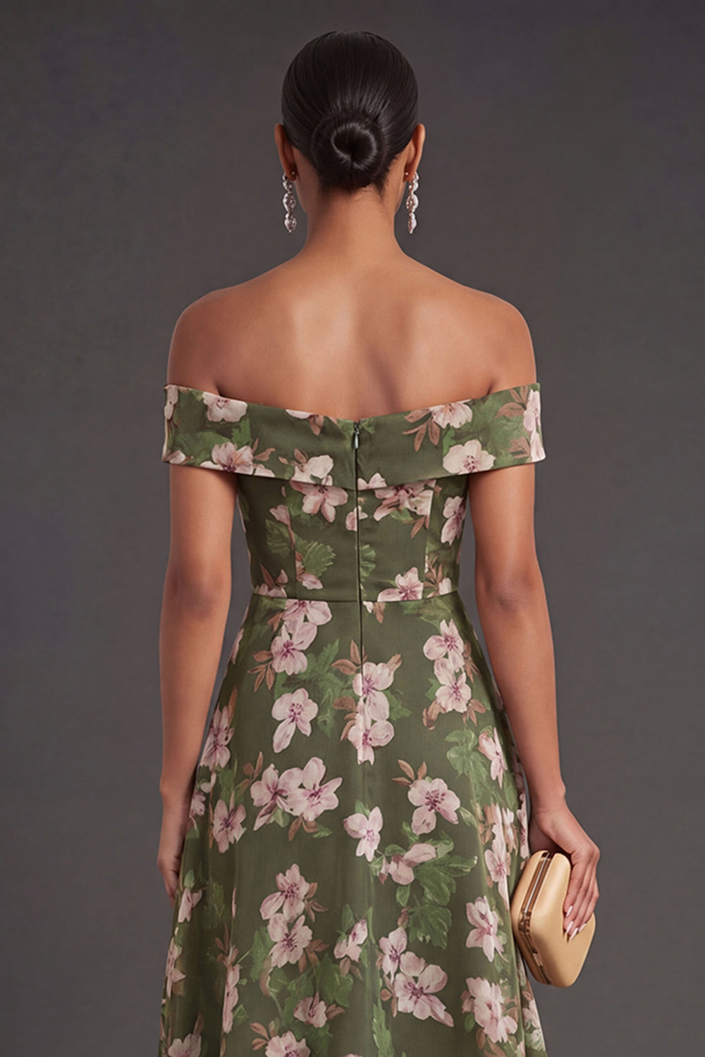 Dark Green A Line Floral Midi Wedding Guest Dress