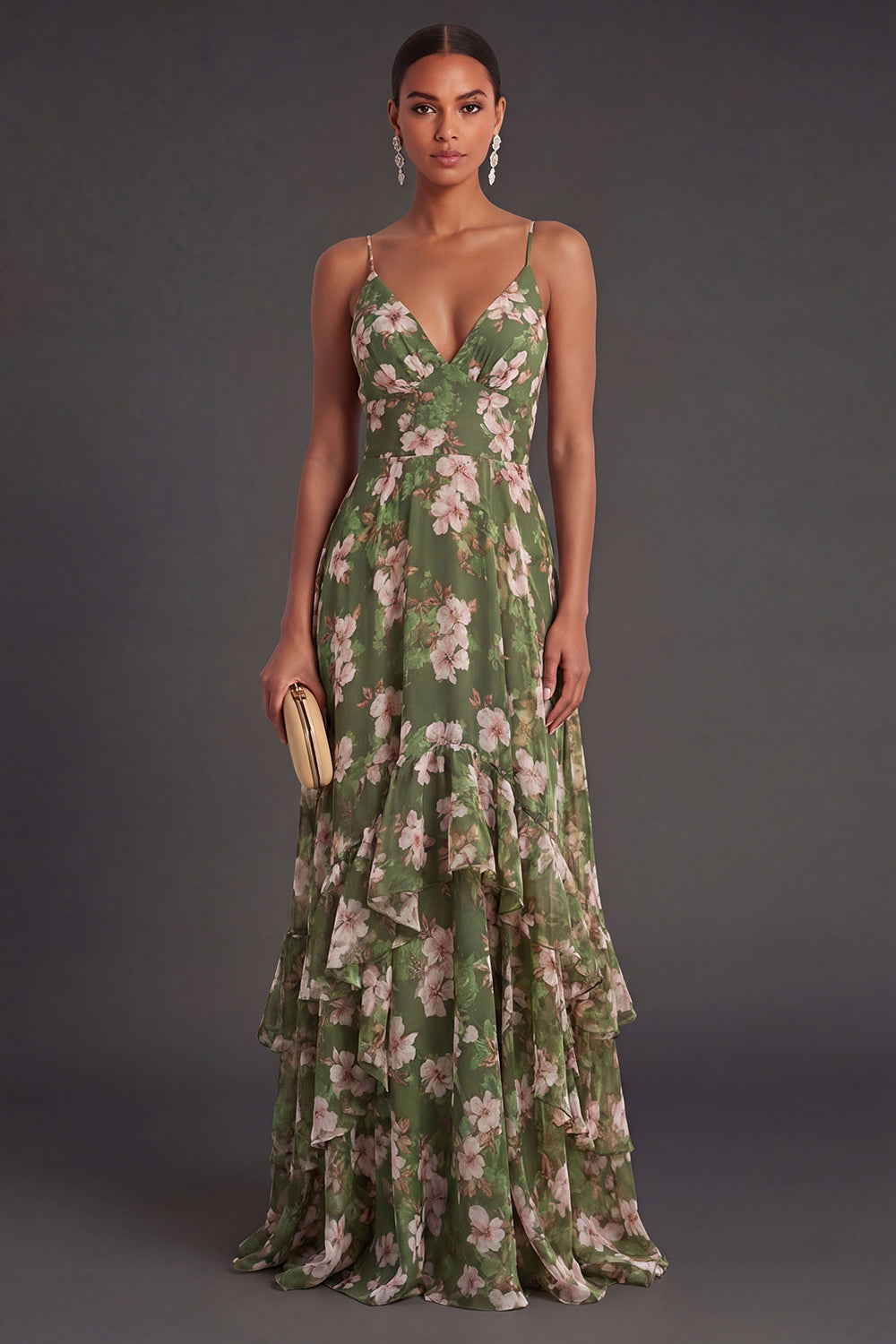 Ruffled Dark Green A Line Floral Long Wedding Guest Dress