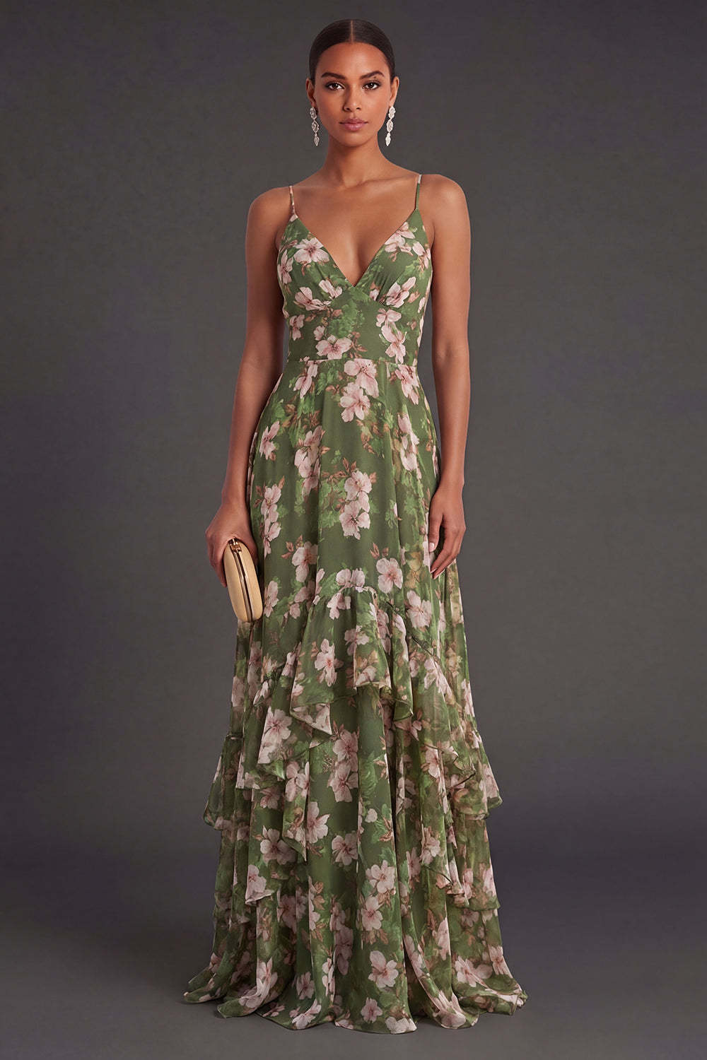 Leely Women Ruffled Dark Green A Line Floral Long Wedding Guest Dress Spaghetti Straps Backless Sleeveless Garden Party Dress