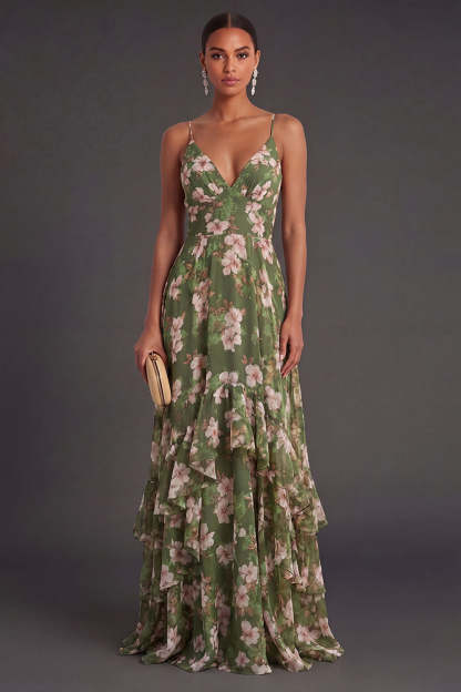 Leely Women Ruffled Dark Green A Line Floral Long Wedding Guest Dress Spaghetti Straps Backless Sleeveless Garden Party Dress