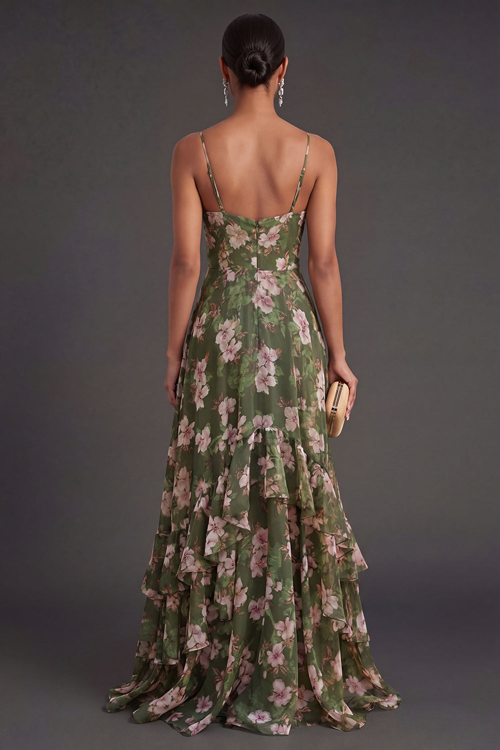 Ruffled Dark Green A Line Floral Long Wedding Guest Dress