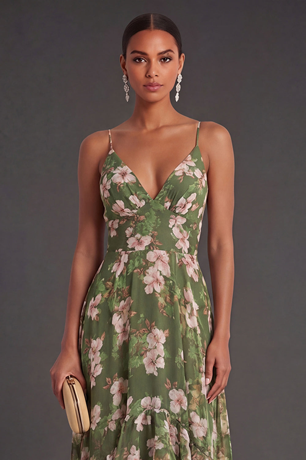 Ruffled Dark Green A Line Floral Long Wedding Guest Dress
