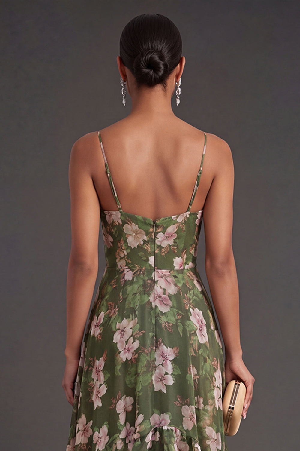 Ruffled Dark Green A Line Floral Long Wedding Guest Dress