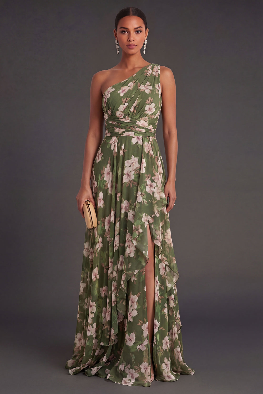 Leely Women Ruffled Dark Green Floral Long Wedding Guest Dress with Slit One Shoulder Backless Sleeveless Garden Party Dress