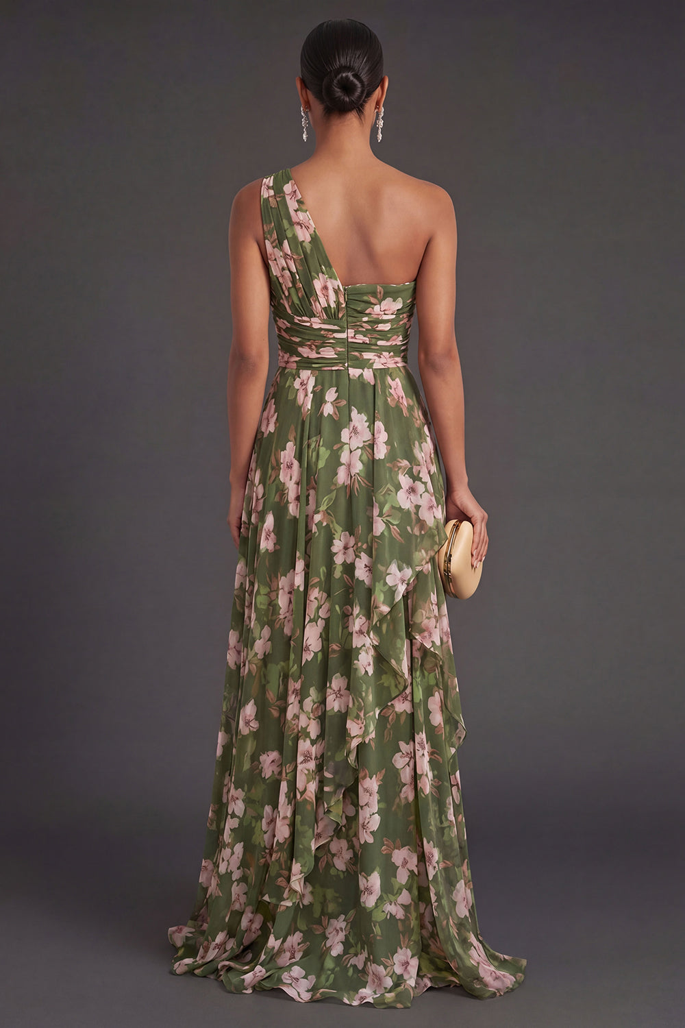 Ruffled Dark Green One Shoulder Floral Long Wedding Guest Dress with Slit